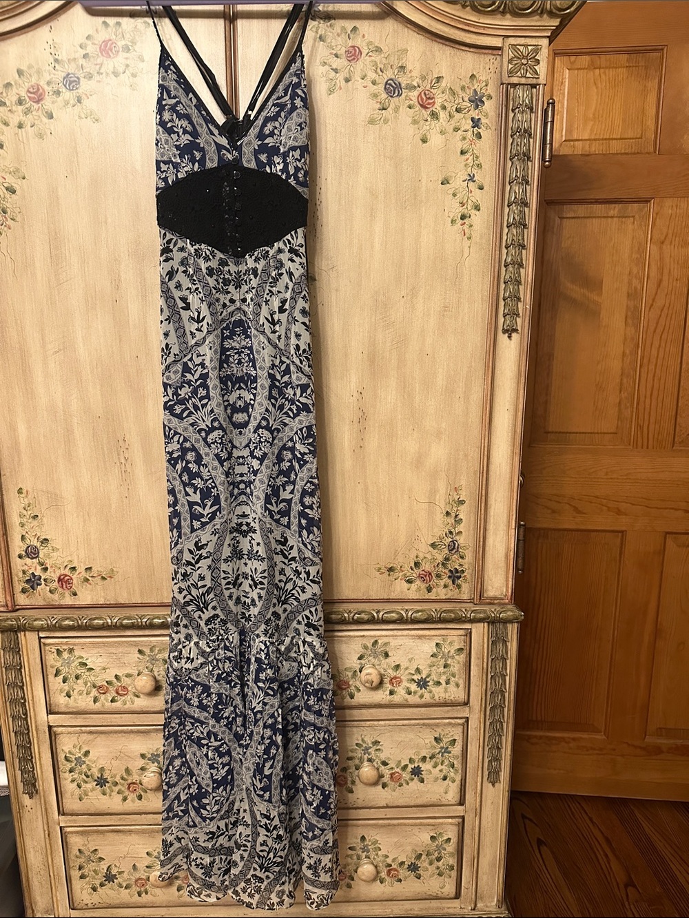 Free People Navy and White Printed Maxi Dress with Black Waist